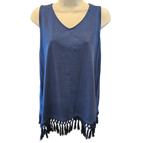 J. Jill sz M navy blue linen blend tassle trim sleevless tank layering blouse - Picture 1 of 7